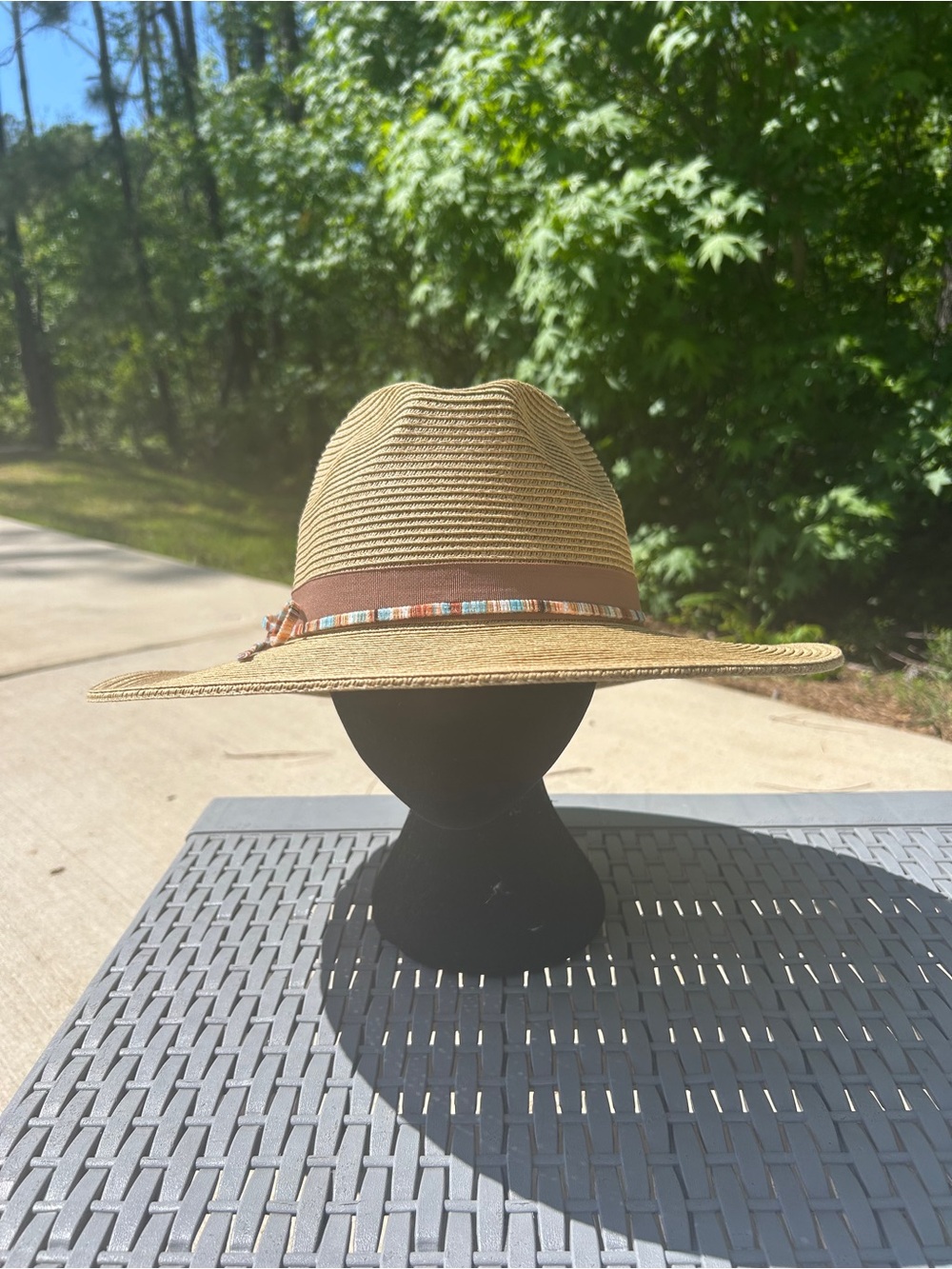 Wide-Brim Straw Fedora Hat in Tan with Decorative Band